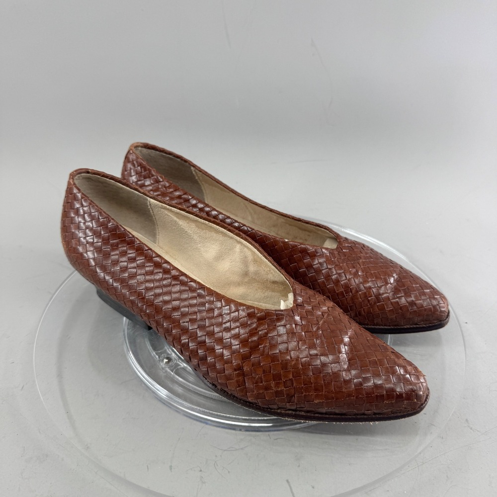 ShoeStrings Womens Woven Leather Pointed Toe Kitten Heels Brown Size 8M Brazil